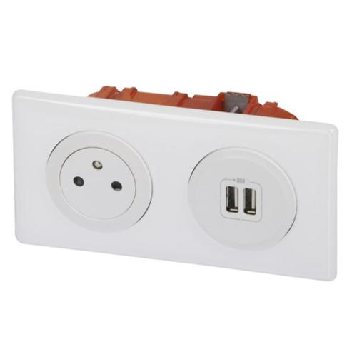 Prise de courant + chargeur 2 USB avec plaque Céliane +boite à encastrer -  Blanc, 200137, 3414971003736